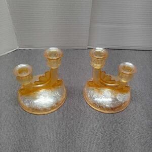 Vintage Amber Glass Candlestick Holders Floral Etched Double Taper